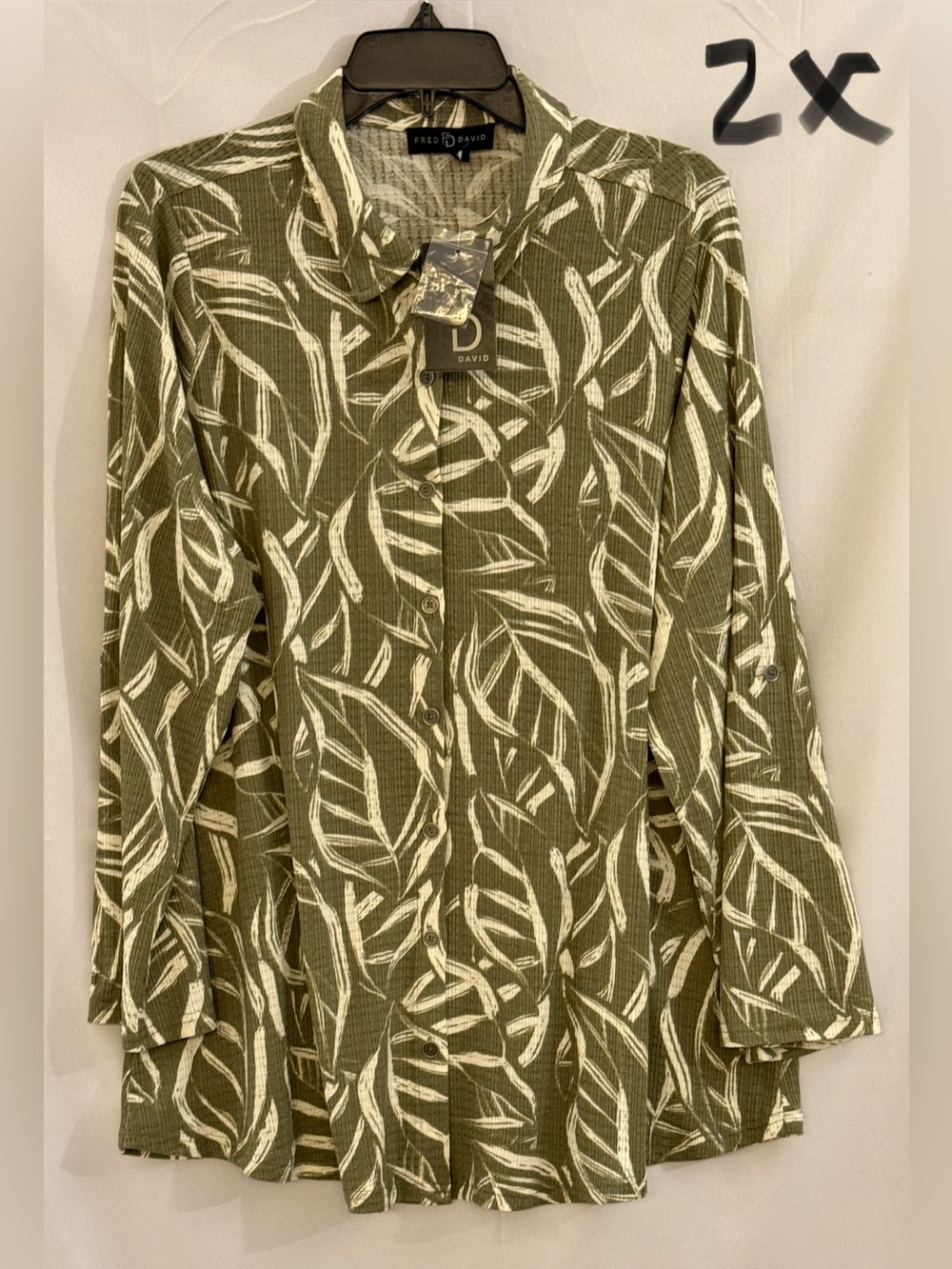 Fred David Olive Green and White Leaf-Print Button-Up Top
